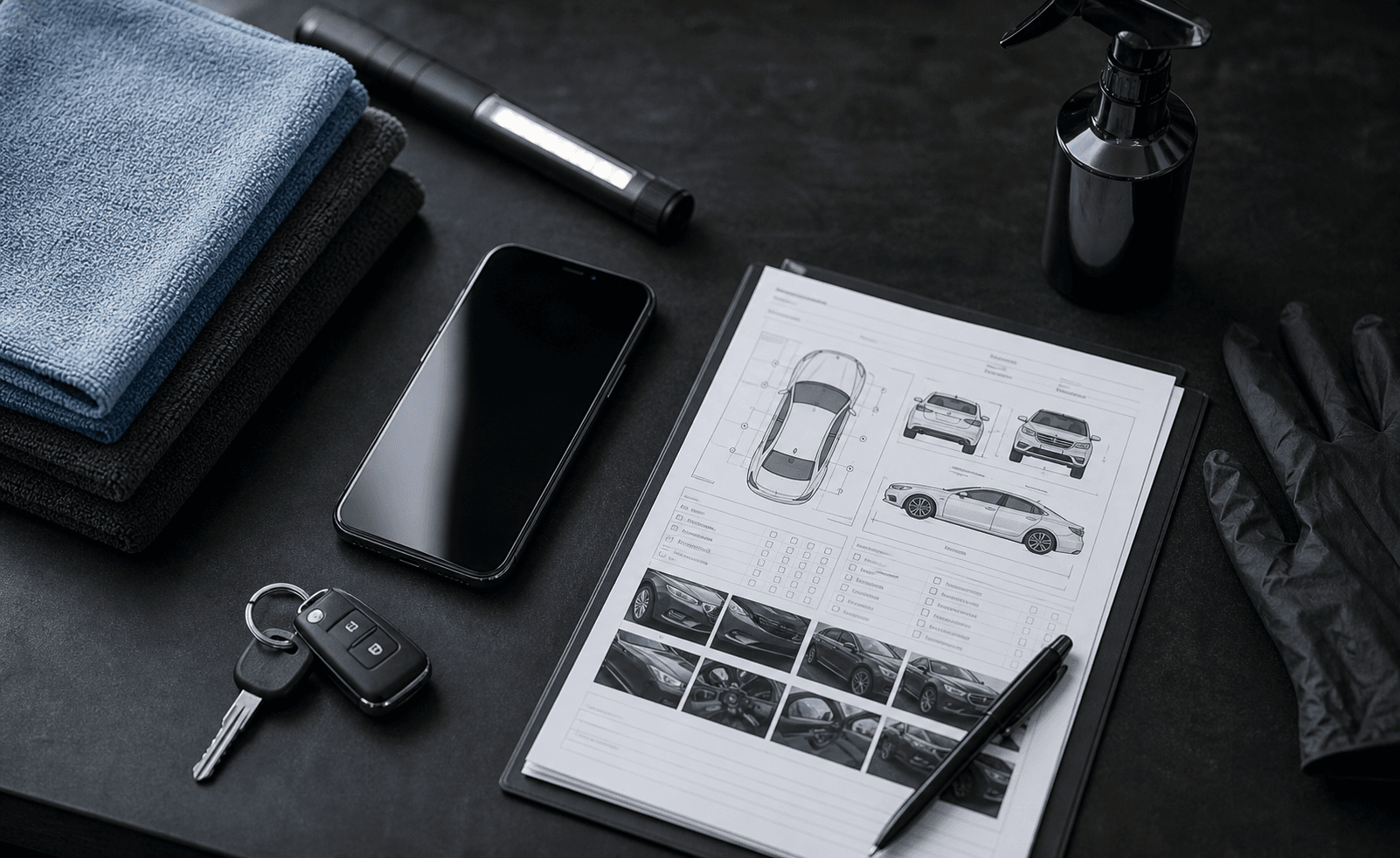 Detailing workstation with vehicle condition report and inspection tools