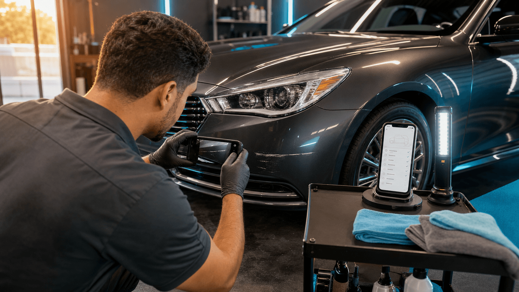 Professional detailer photographing a front bumper scratch before beginning a vehicle detail.
